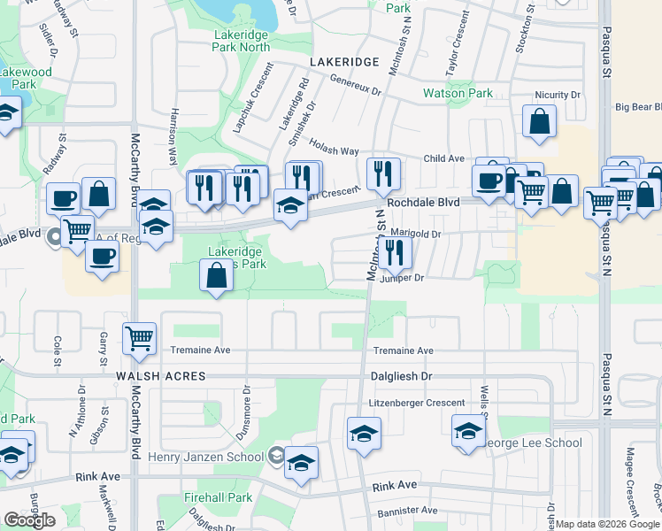map of restaurants, bars, coffee shops, grocery stores, and more near 5136 Donnelly Crescent in Regina