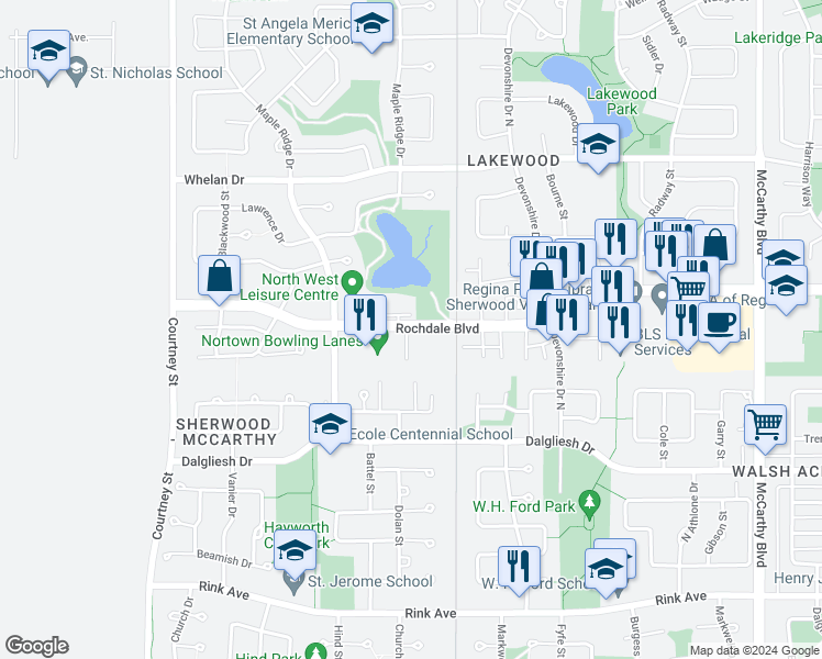 map of restaurants, bars, coffee shops, grocery stores, and more near 6725 Rochdale Boulevard in Regina