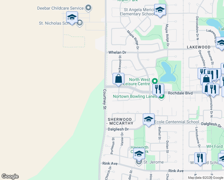 map of restaurants, bars, coffee shops, grocery stores, and more near 7318 Heron Bay in Regina