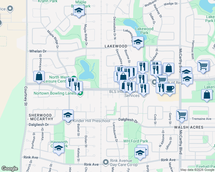 map of restaurants, bars, coffee shops, grocery stores, and more near 10 Cedar Meadow Drive in Regina