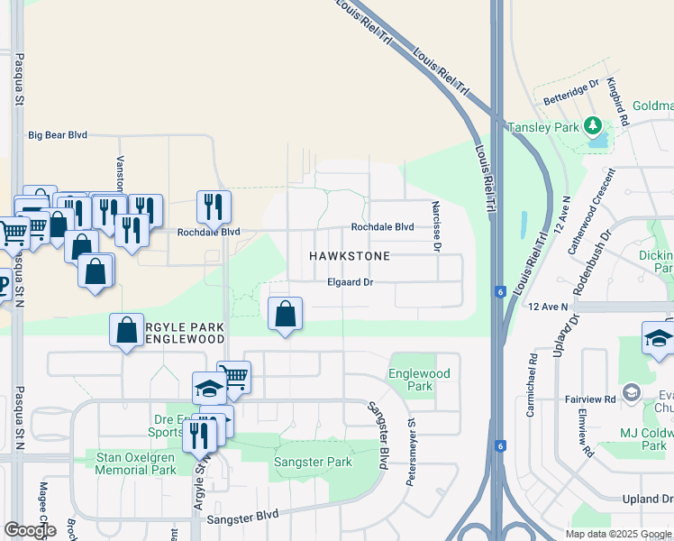 map of restaurants, bars, coffee shops, grocery stores, and more near 1118 Poley Street in Regina