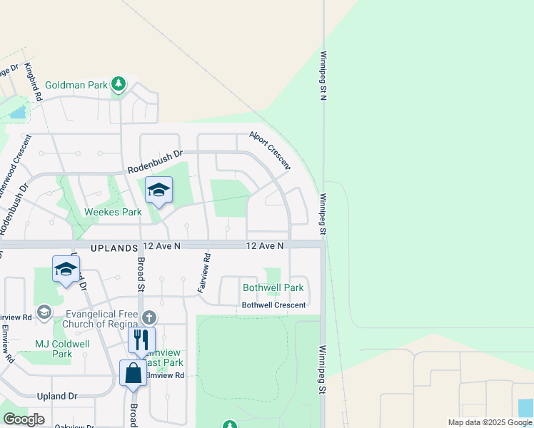 map of restaurants, bars, coffee shops, grocery stores, and more near 59 Rodenbush Drive in Regina