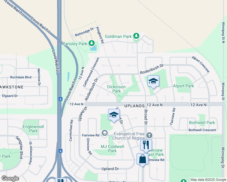map of restaurants, bars, coffee shops, grocery stores, and more near 26 Dickinson Crescent in Regina