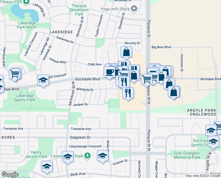 map of restaurants, bars, coffee shops, grocery stores, and more near 4638 Marigold Drive in Regina