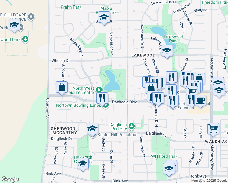 map of restaurants, bars, coffee shops, grocery stores, and more near 6798 Rochdale Boulevard in Regina