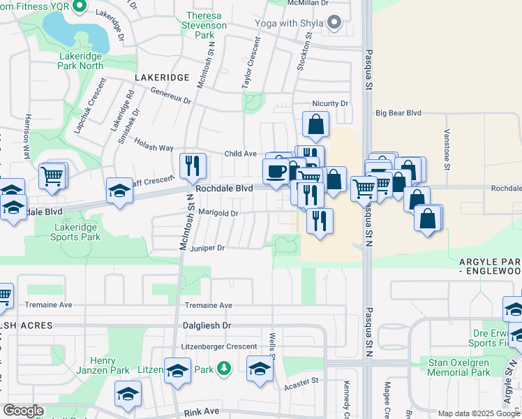 map of restaurants, bars, coffee shops, grocery stores, and more near 4638 Marigold Drive in Regina