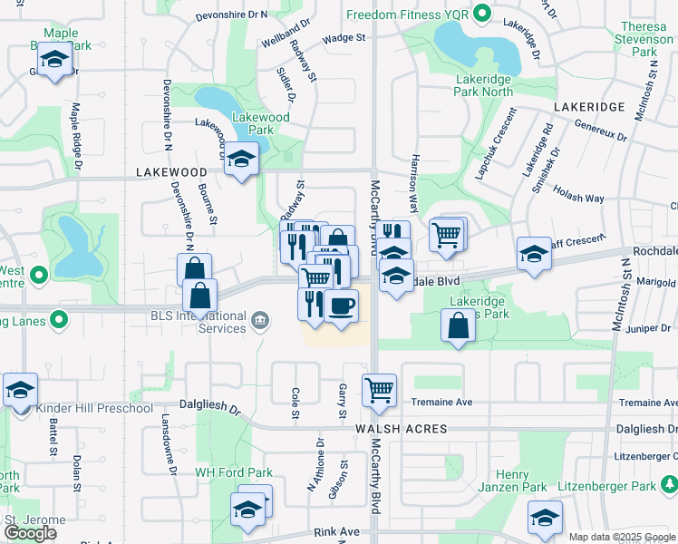 map of restaurants, bars, coffee shops, grocery stores, and more near 1103 Lakewood Court in Regina