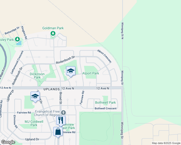 map of restaurants, bars, coffee shops, grocery stores, and more near in Regina