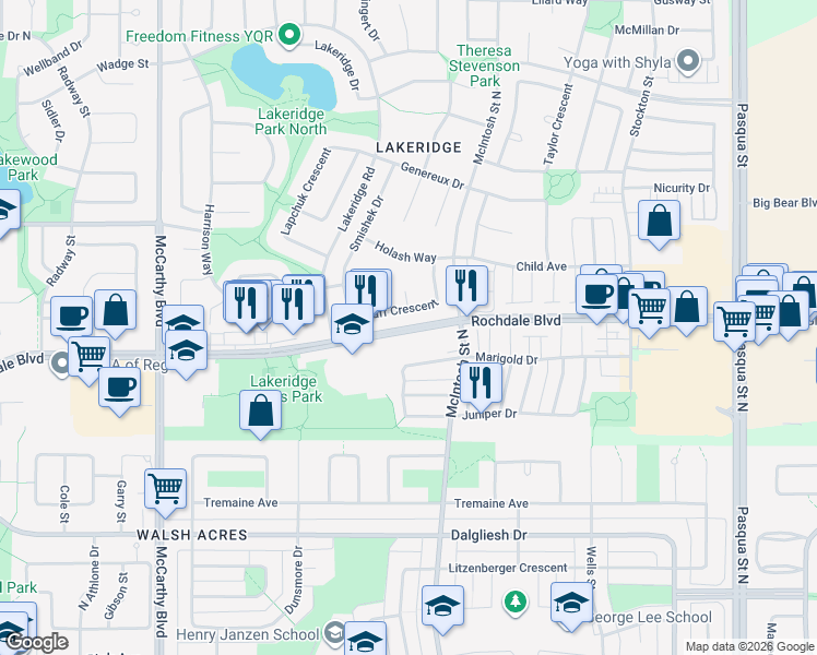 map of restaurants, bars, coffee shops, grocery stores, and more near Rochdale Boulevard in Regina