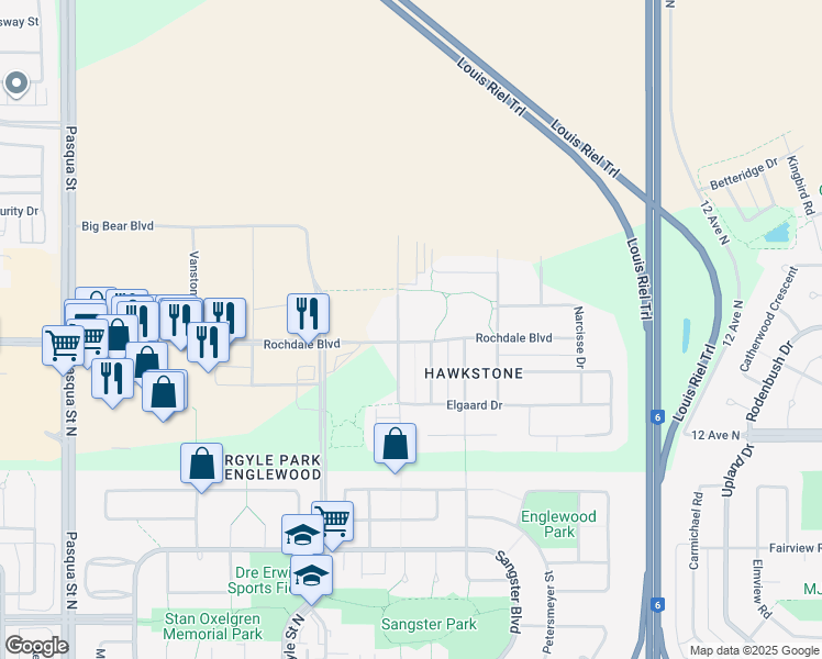 map of restaurants, bars, coffee shops, grocery stores, and more near 3200 Rochdale Boulevard in Regina