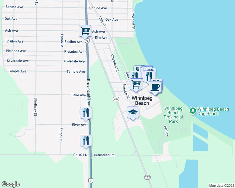 map of restaurants, bars, coffee shops, grocery stores, and more near 269 Churchill Road in Winnipeg Beach
