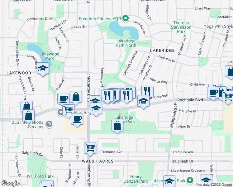 map of restaurants, bars, coffee shops, grocery stores, and more near 1132 Harrison Way in Regina