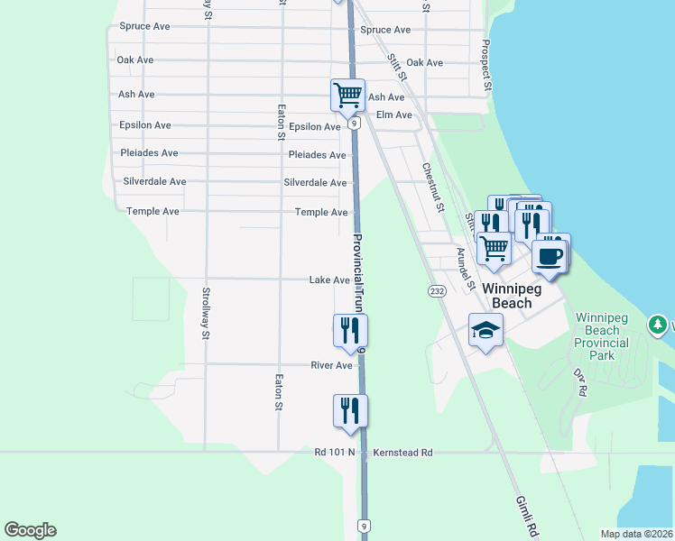 map of restaurants, bars, coffee shops, grocery stores, and more near 315 Lake Avenue in Winnipeg Beach