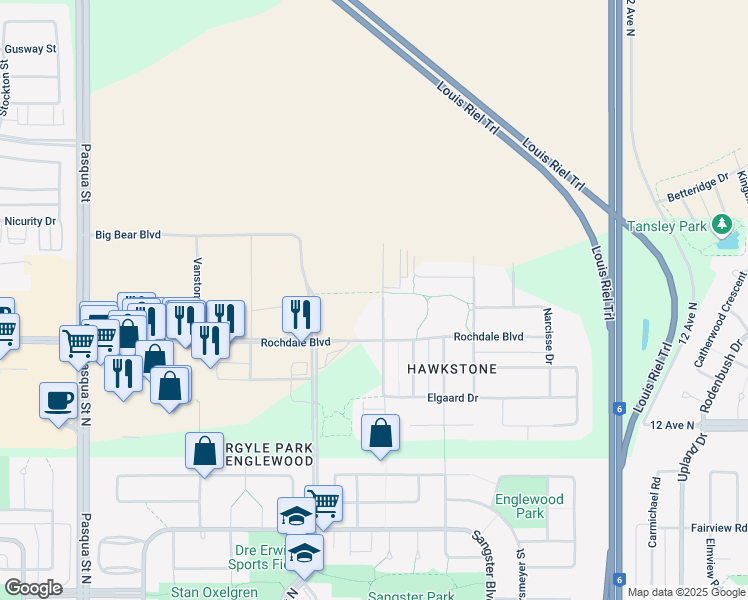 map of restaurants, bars, coffee shops, grocery stores, and more near 1251 North Galloway Street in Regina