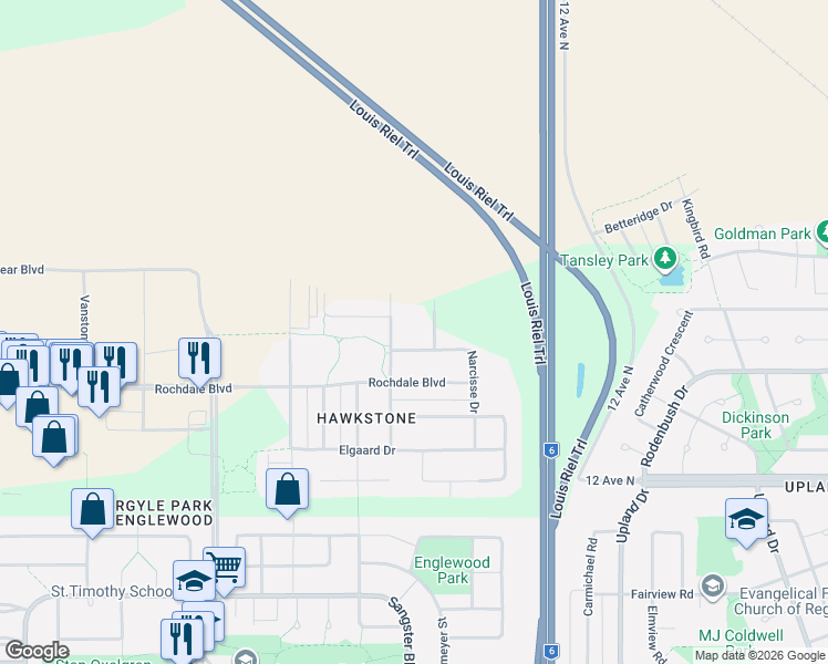map of restaurants, bars, coffee shops, grocery stores, and more near 2925 Narcisse Drive in Regina