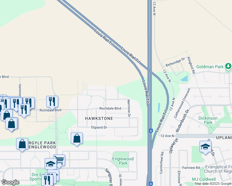 map of restaurants, bars, coffee shops, grocery stores, and more near 1271 McEachern Drive in Regina