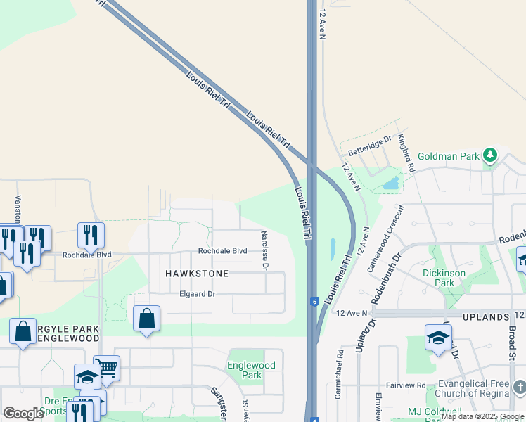 map of restaurants, bars, coffee shops, grocery stores, and more near 1271 McEachern Drive in Regina