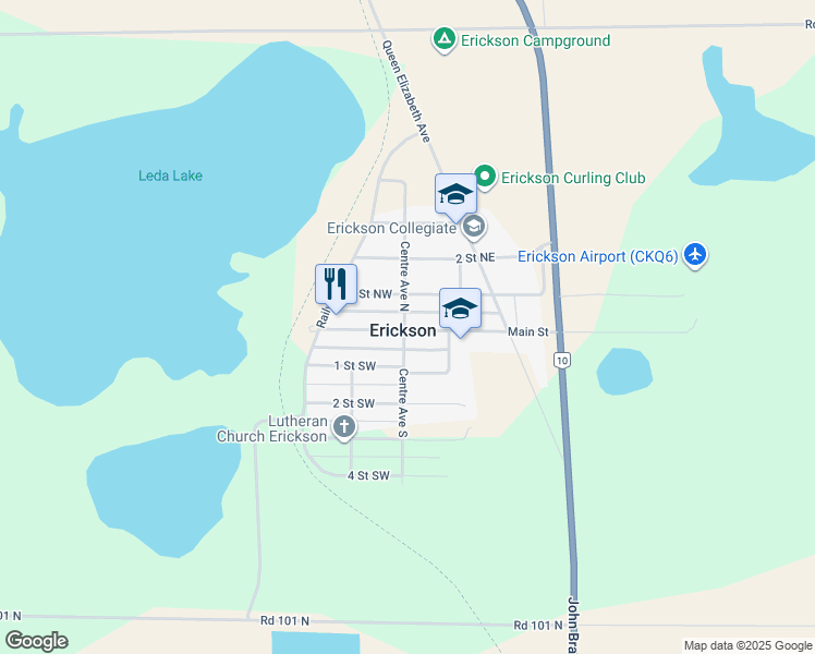 map of restaurants, bars, coffee shops, grocery stores, and more near 58 Centre Avenue South in Erickson