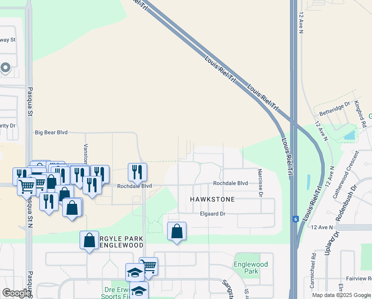 map of restaurants, bars, coffee shops, grocery stores, and more near 1251 North Galloway Street in Regina