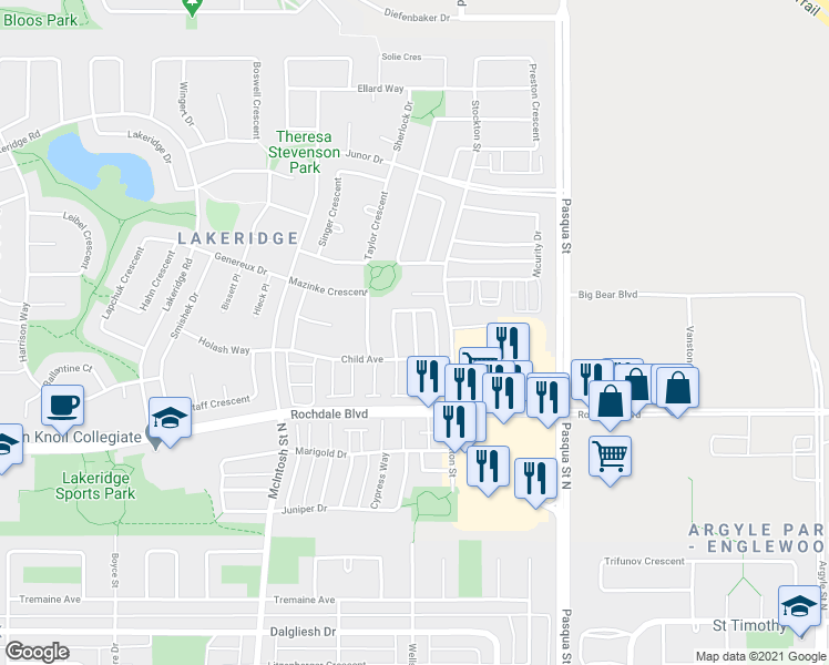 map of restaurants, bars, coffee shops, grocery stores, and more near in Regina