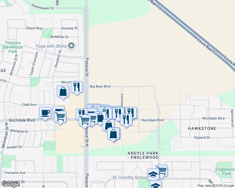 map of restaurants, bars, coffee shops, grocery stores, and more near 1300 Vanstone Street in Regina