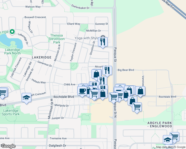 map of restaurants, bars, coffee shops, grocery stores, and more near 1225 Stockton Street in Regina