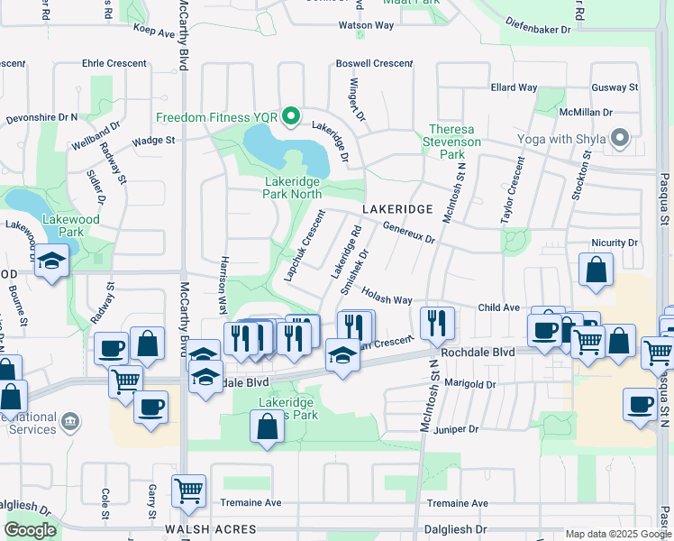 map of restaurants, bars, coffee shops, grocery stores, and more near Lakeridge Road in Regina