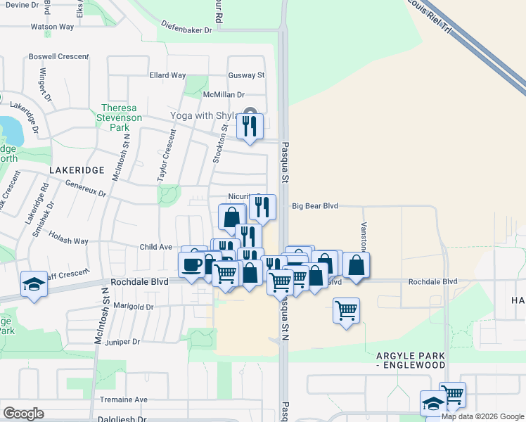 map of restaurants, bars, coffee shops, grocery stores, and more near 4425 Nicurity Drive in Regina