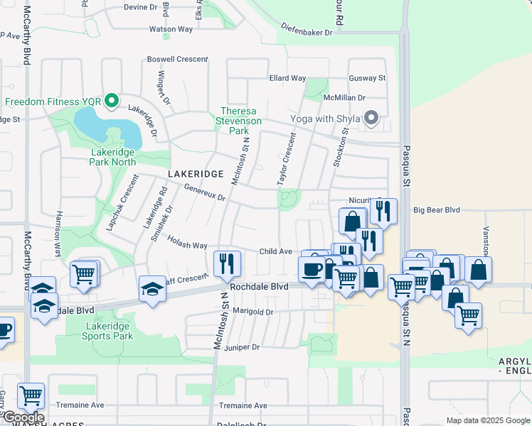 map of restaurants, bars, coffee shops, grocery stores, and more near 4811 Mazinke Crescent in Regina