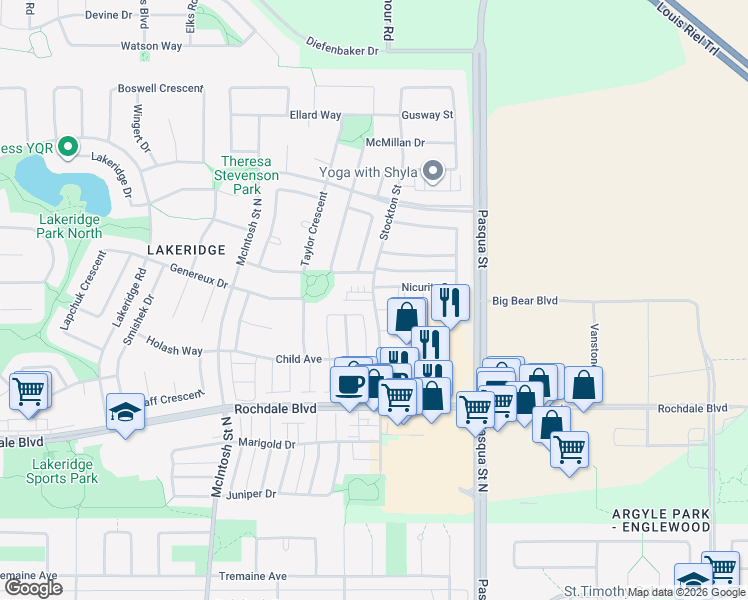 map of restaurants, bars, coffee shops, grocery stores, and more near Stockton Street in Regina