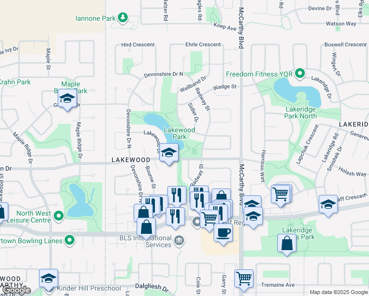 map of restaurants, bars, coffee shops, grocery stores, and more near 6024 Whelan Drive in Regina