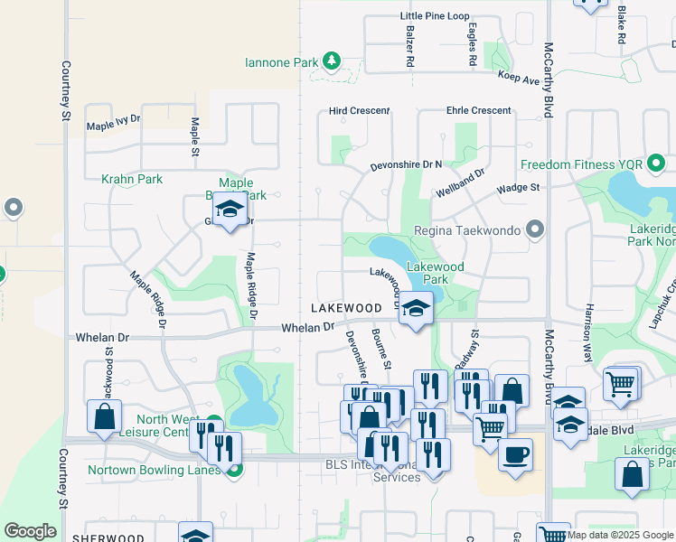 map of restaurants, bars, coffee shops, grocery stores, and more near 1382 Lakewood Crescent in Regina
