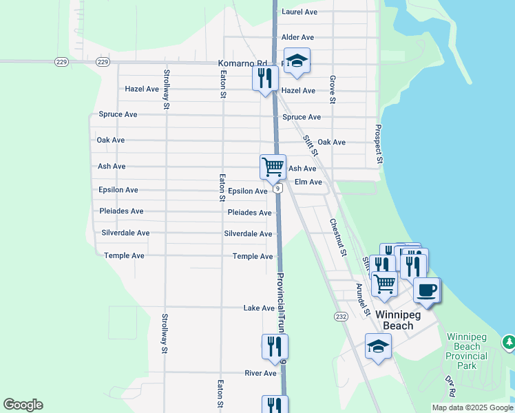 map of restaurants, bars, coffee shops, grocery stores, and more near 311 Pleiades Avenue in Winnipeg Beach
