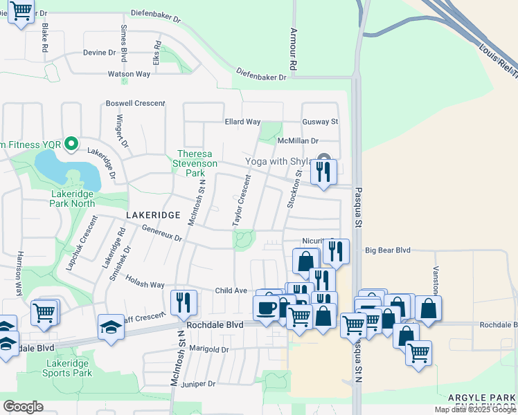 map of restaurants, bars, coffee shops, grocery stores, and more near Shumiatcher Crescent in Regina