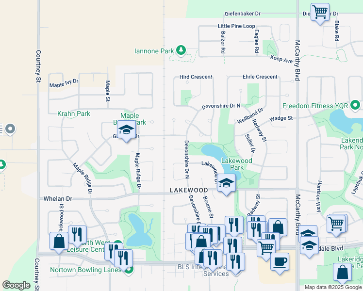 map of restaurants, bars, coffee shops, grocery stores, and more near 6506 Rush Place in Regina