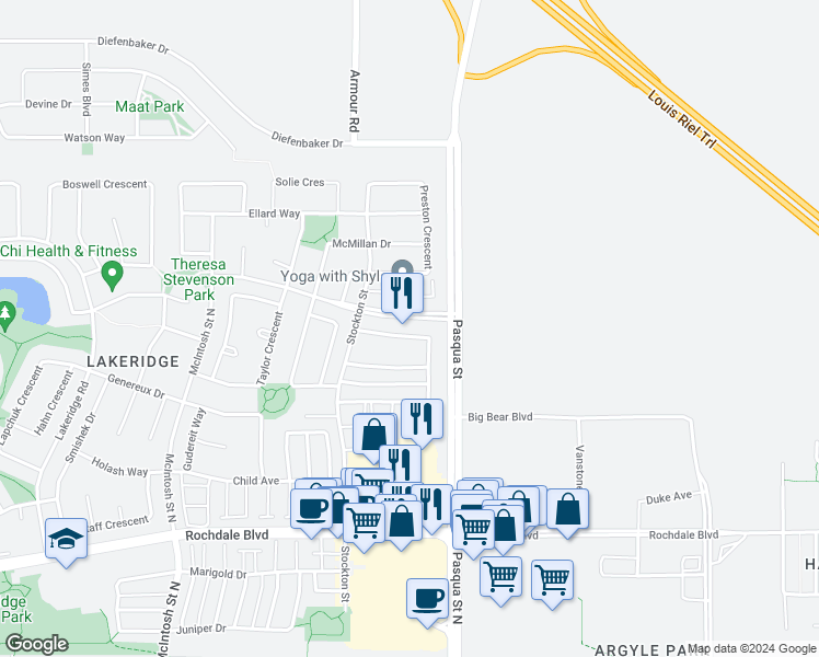 map of restaurants, bars, coffee shops, grocery stores, and more near 4251 Nicurity Drive in Regina