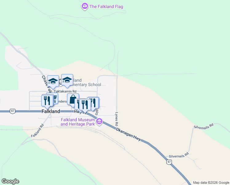 map of restaurants, bars, coffee shops, grocery stores, and more near 5646 Lynes Road in Columbia-Shuswap