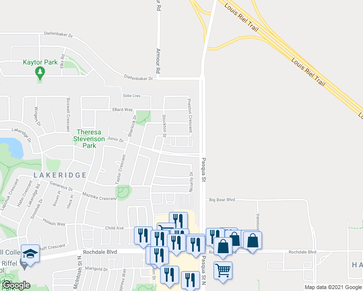 map of restaurants, bars, coffee shops, grocery stores, and more near 4251 Nicurity Drive in Regina