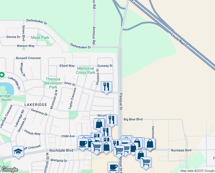 map of restaurants, bars, coffee shops, grocery stores, and more near 4101 Preston Crescent in Regina