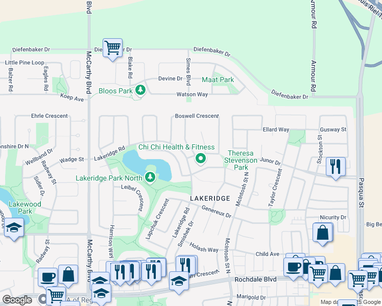 map of restaurants, bars, coffee shops, grocery stores, and more near 1602 Wingert Drive in Regina