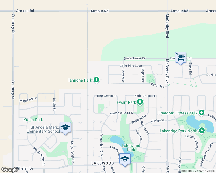 map of restaurants, bars, coffee shops, grocery stores, and more near 6233 Koep Avenue in Regina