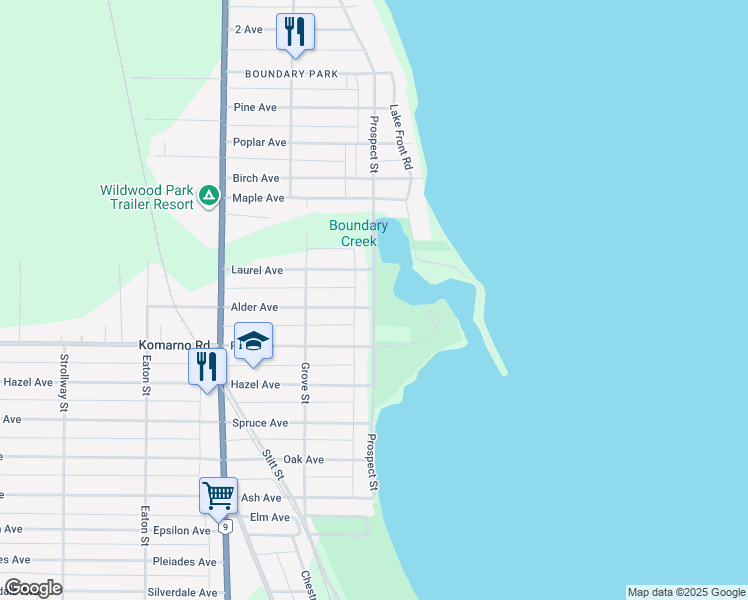 map of restaurants, bars, coffee shops, grocery stores, and more near 122 Prospect Street in Winnipeg Beach