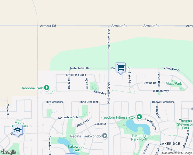 map of restaurants, bars, coffee shops, grocery stores, and more near 5920 Little Pine Loop in Regina