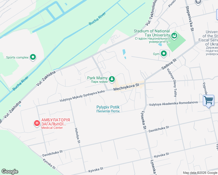 map of restaurants, bars, coffee shops, grocery stores, and more near 2 Novooskolska Street in Irpin'