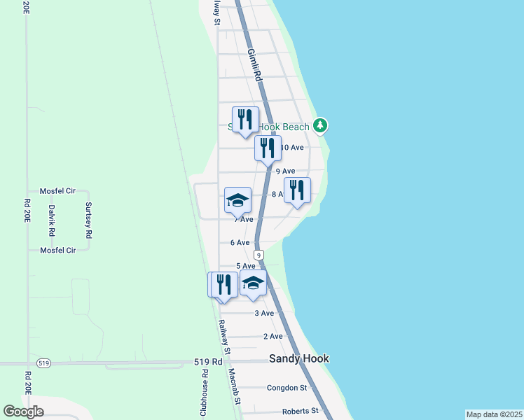 map of restaurants, bars, coffee shops, grocery stores, and more near 104175 Provincial Trunk Highway 9 in Sandy Hook