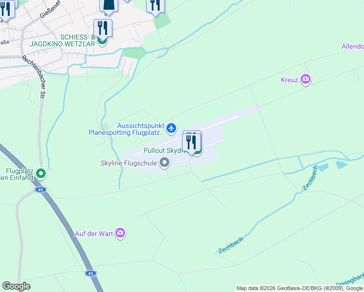map of restaurants, bars, coffee shops, grocery stores, and more near 40 Flugplatz in Gießen