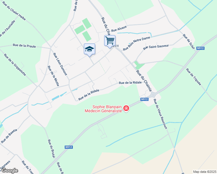 map of restaurants, bars, coffee shops, grocery stores, and more near Rue de la Ridale in La Bruyère