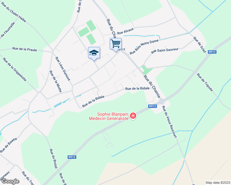 map of restaurants, bars, coffee shops, grocery stores, and more near Rue de la Ridale in La Bruyère