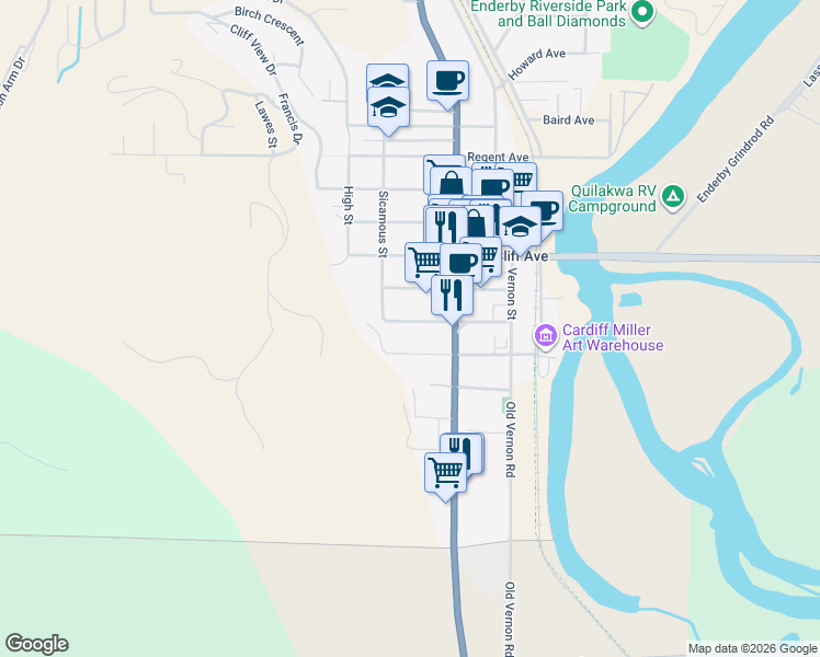 map of restaurants, bars, coffee shops, grocery stores, and more near 718 Hubert Avenue in Enderby