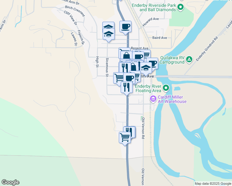 map of restaurants, bars, coffee shops, grocery stores, and more near 715 Hubert Avenue in Enderby
